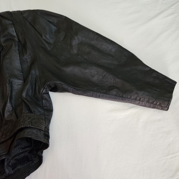 Leather Jacket vintage 80s 90s crop cropped big wide shoulders tapered black S - Picture 11 of 14